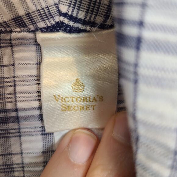 VTG Victoria's Secret Robe Gold Crown Cozy Robe Womens M Blue White Plaid Pocket - Picture 7 of 8